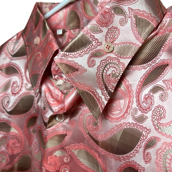 MANZINI Pink Jacquard Paisley Men’s Dress Shirt Long Sleeve Satin Italian Sz 2XL - Picture 5 of 10